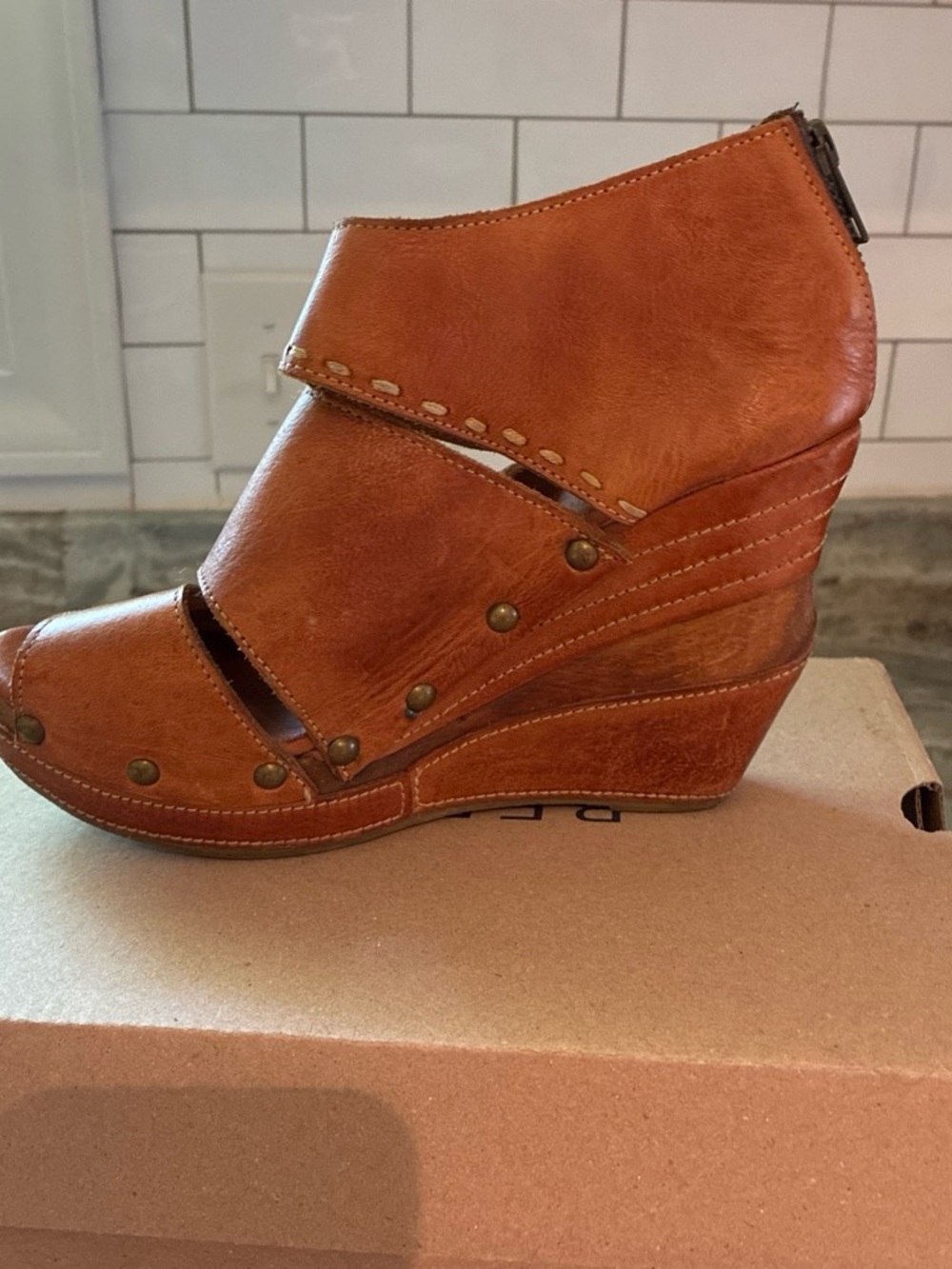 BED|STU Women's Cognac Leather Studded Wedge JESSIE Sandal. The summer sandal!